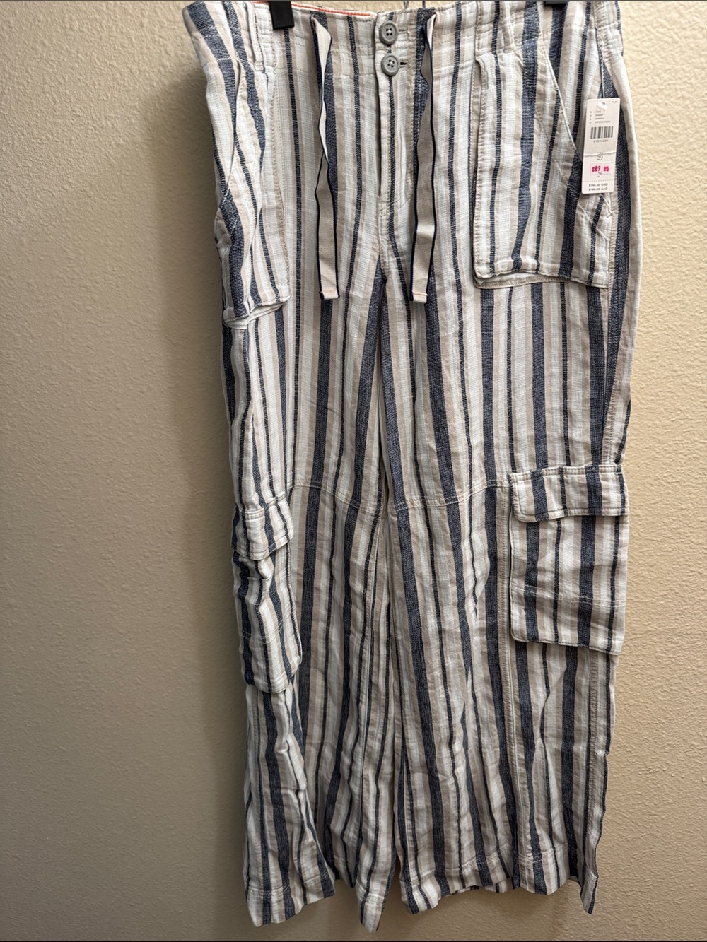 Pilcro Striped Cargo Wide-Leg Pants in Navy and White